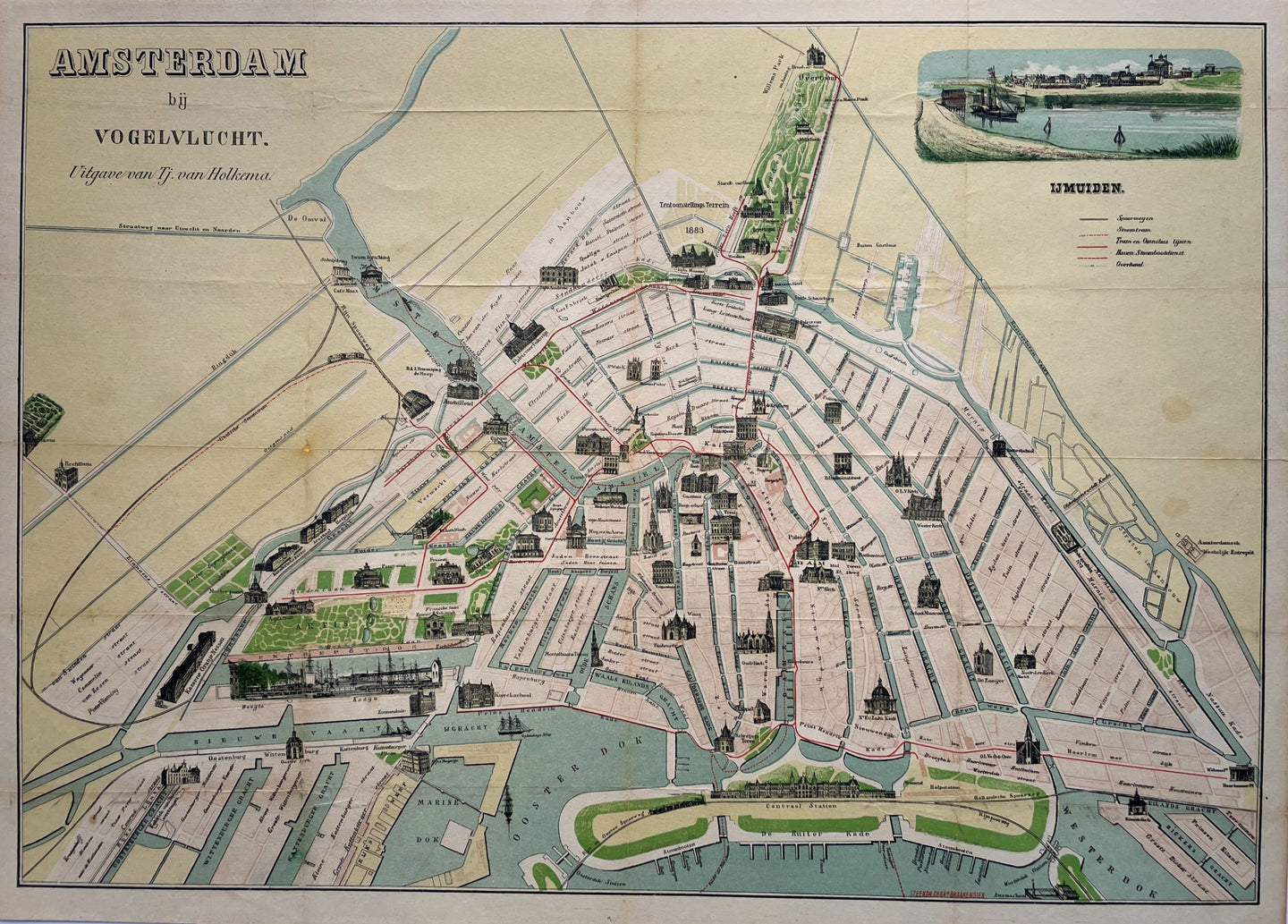 Amsterdam Stadsplattegrond in vogelvluchtperspectief - Tj van Holkema - 1882