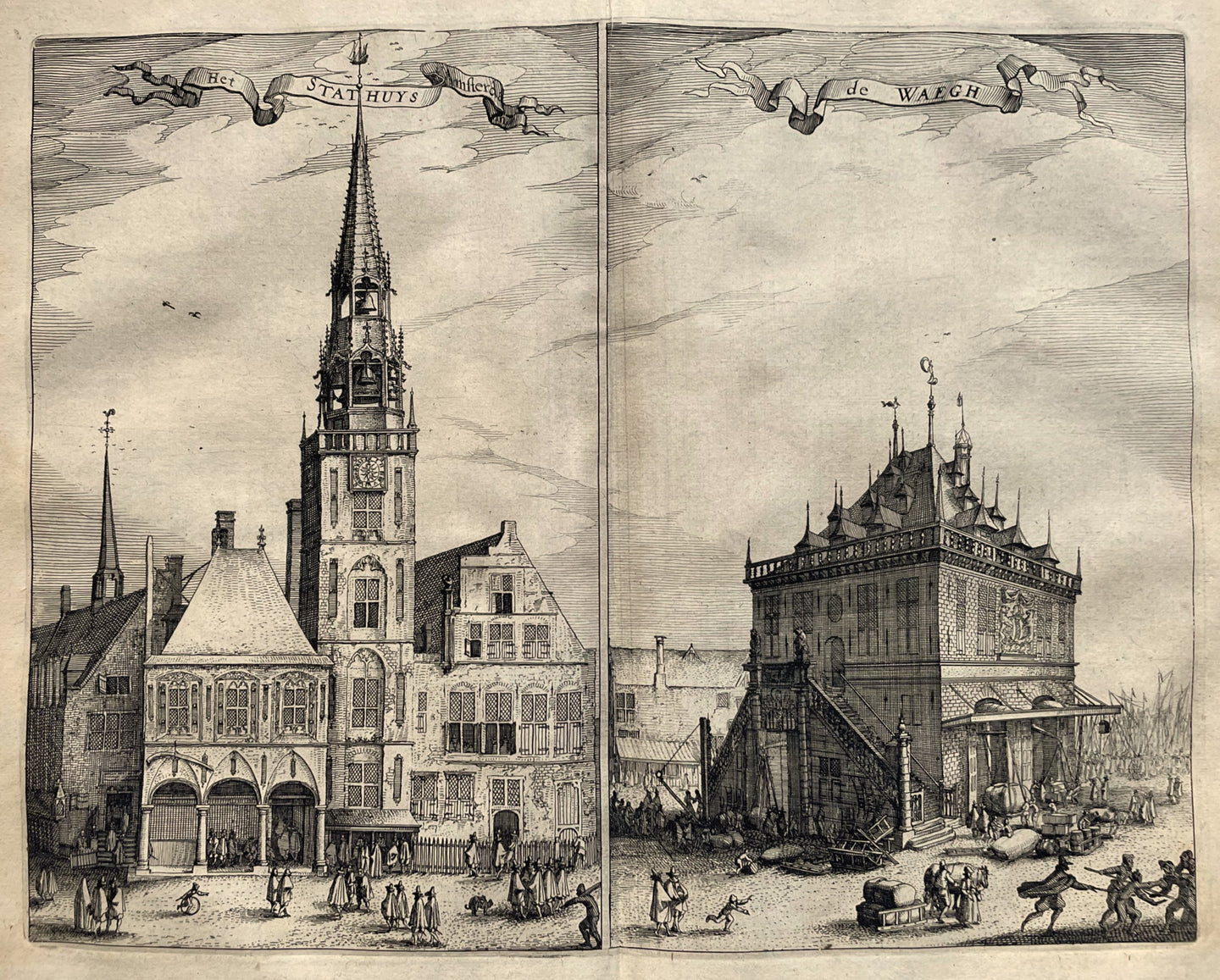 Amsterdam Dam Oude Stadhuis en Waag - CJ Visscher / WJ Blaeu / L Guicciardini - 1613