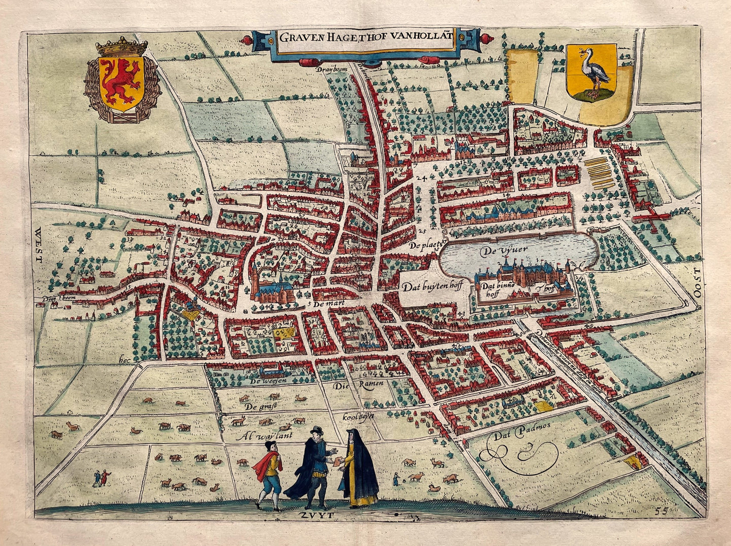 Den Haag Stadsplattegrond in vogelvluchtperspectief van 's-Gravenhage - WJ Blaeu / L Guicciardini - 1612