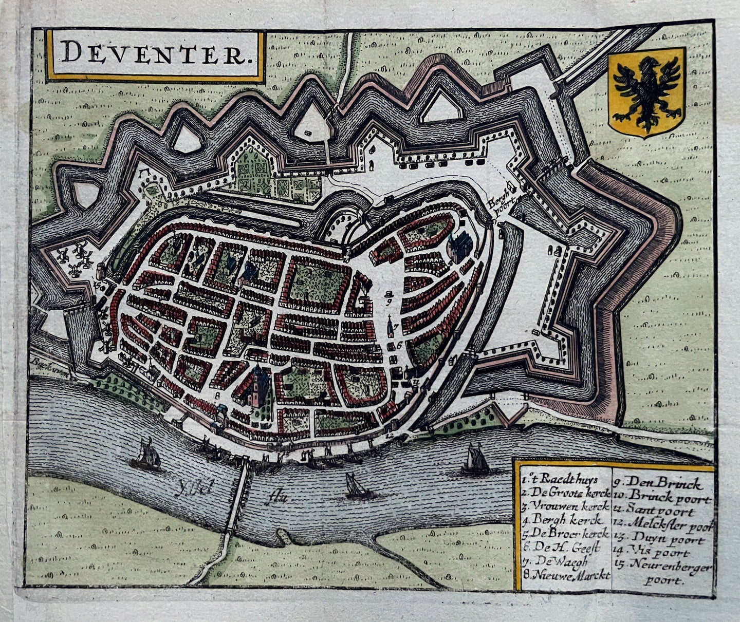 Deventer Stadsplattegrond in vogelvluchtperspectief - J Janssonius / L Guicciardini - 1652