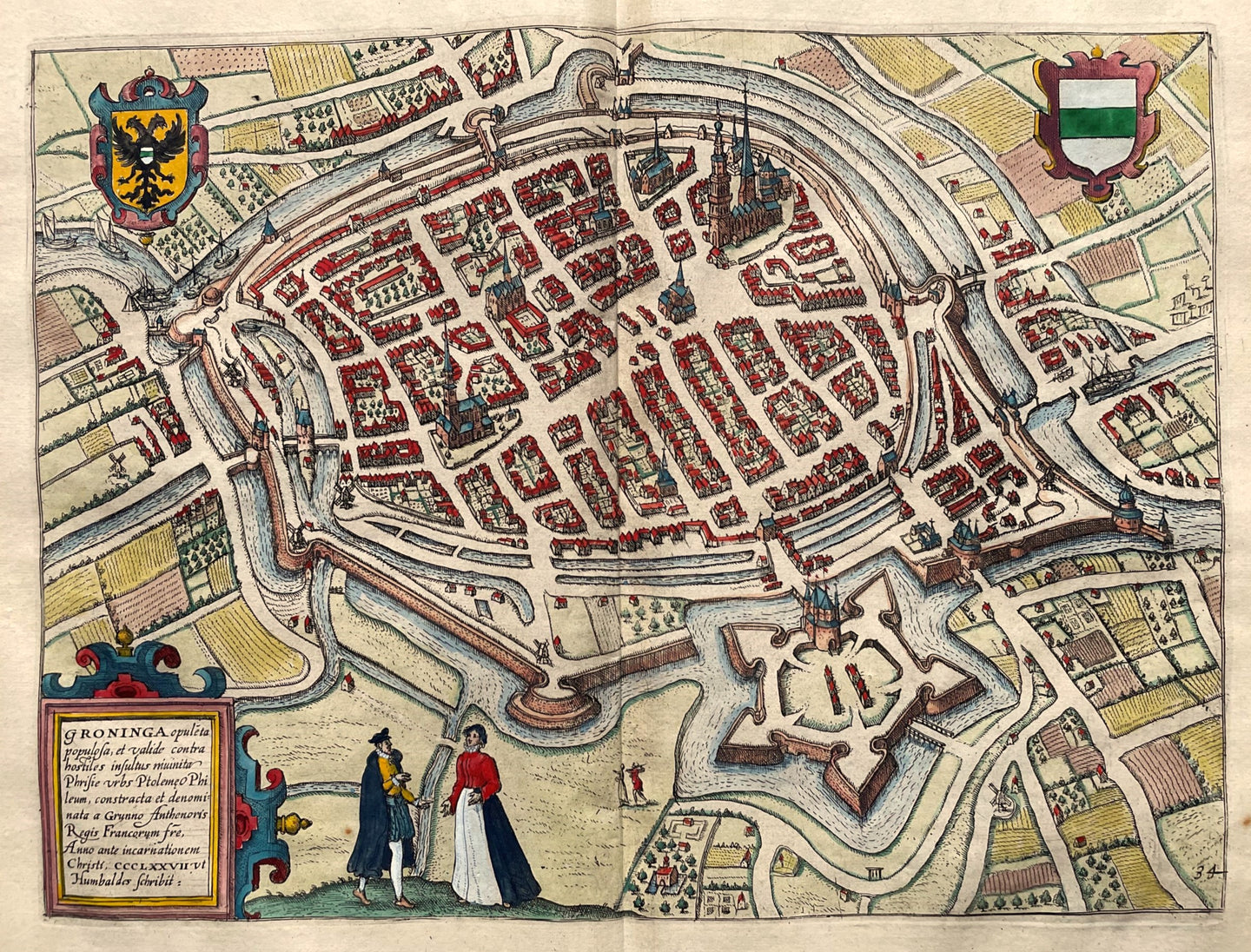 Groningen Stadsplattegrond in vogelvluchtperspectief - WJ Blaeu / L Guicciardini - 1612