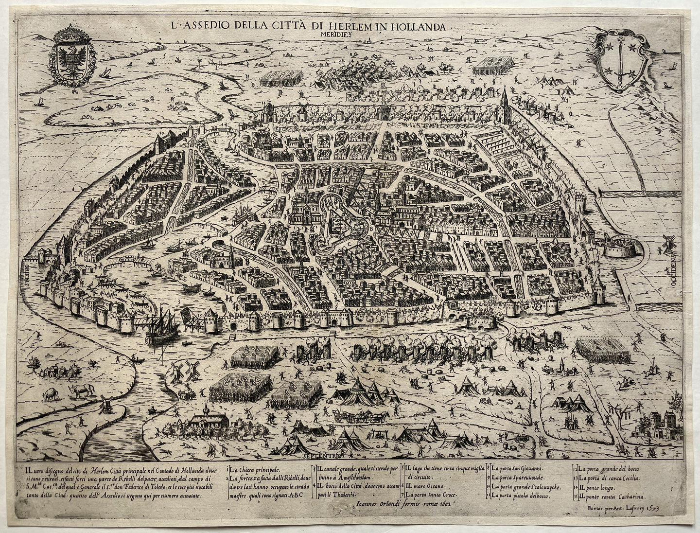 Haarlem Vogelvluchtperspectief van de stad en van het beleg van de stad - A Lafreri 1573 / G Orlandi - 1602