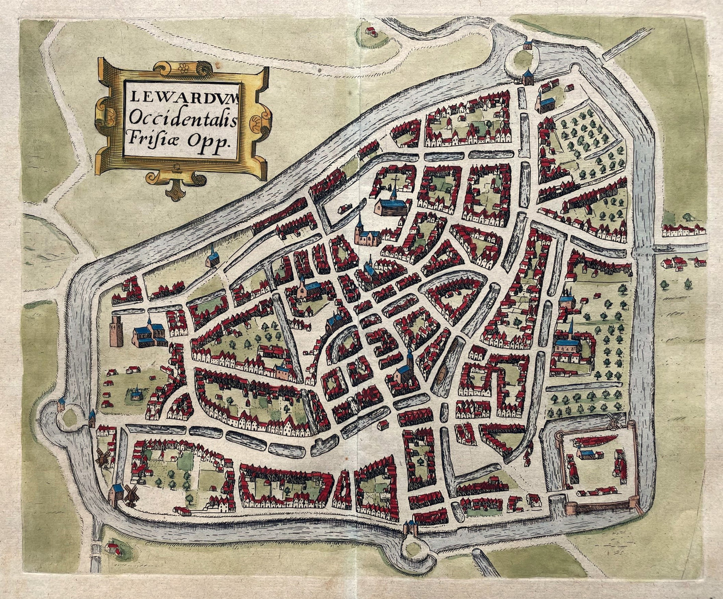 Leeuwarden Stadsplattegrond in vogelvluchtperspectief - C Claesz / L Guicciardini - 1609