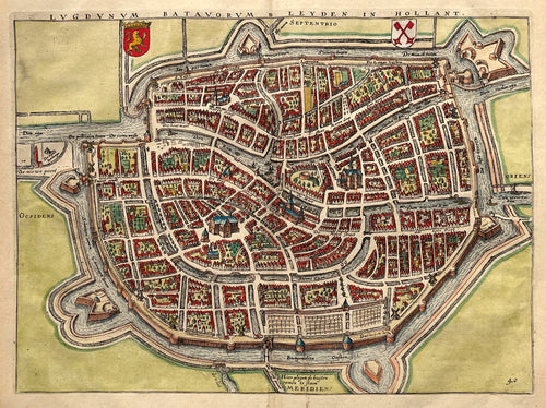 Leiden Stadsplattegrond in vogelvluchtperspectief - WJ Blaeu / L Guicciardini - 1612