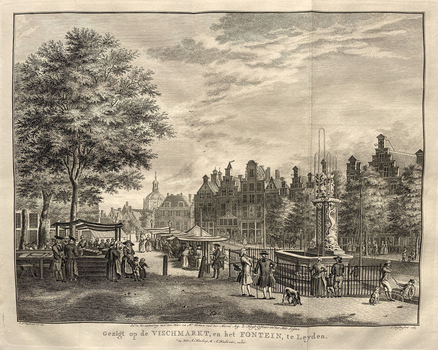 Leiden Vismarkt en fontein - A Delfos / F van Mieris - 1763