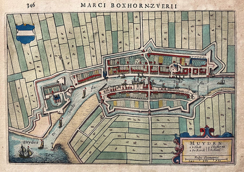 Muiden Stadsplattegrond in vogelvluchtperspectief - M Boxhorn - 1632