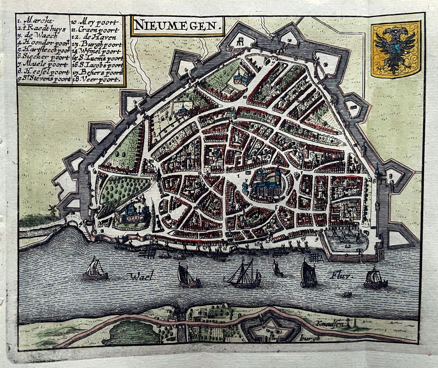 Nijmegen Stadsplattegrond in vogelvluchtperspectief - WJ Blaeu / L Guicciardini - 1635