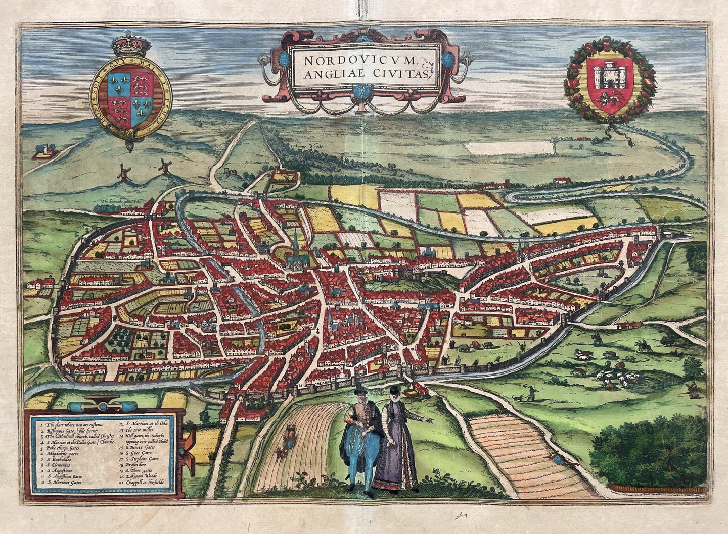 Engeland Norwich Stadsplattegrond in vogelvluchtperspectief - G Braun & F Hogenberg - 1582