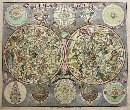 Hemelkaart Sterrenkaart in twee halfronden Celestial map - Tobias Conrad Lotter - circa 1760