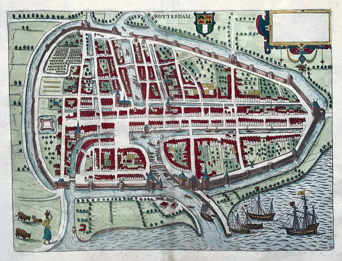 Rotterdam Stadsplattegrond in vogelvluchtperspectief - Chr Plantijn / L Guicciardini - 1582