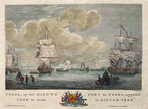 Texel Gezicht op Texel bij het Nieuwe Veer Zeilschepen op de voorgrond - D de Jong / M de Sallieth - 1802