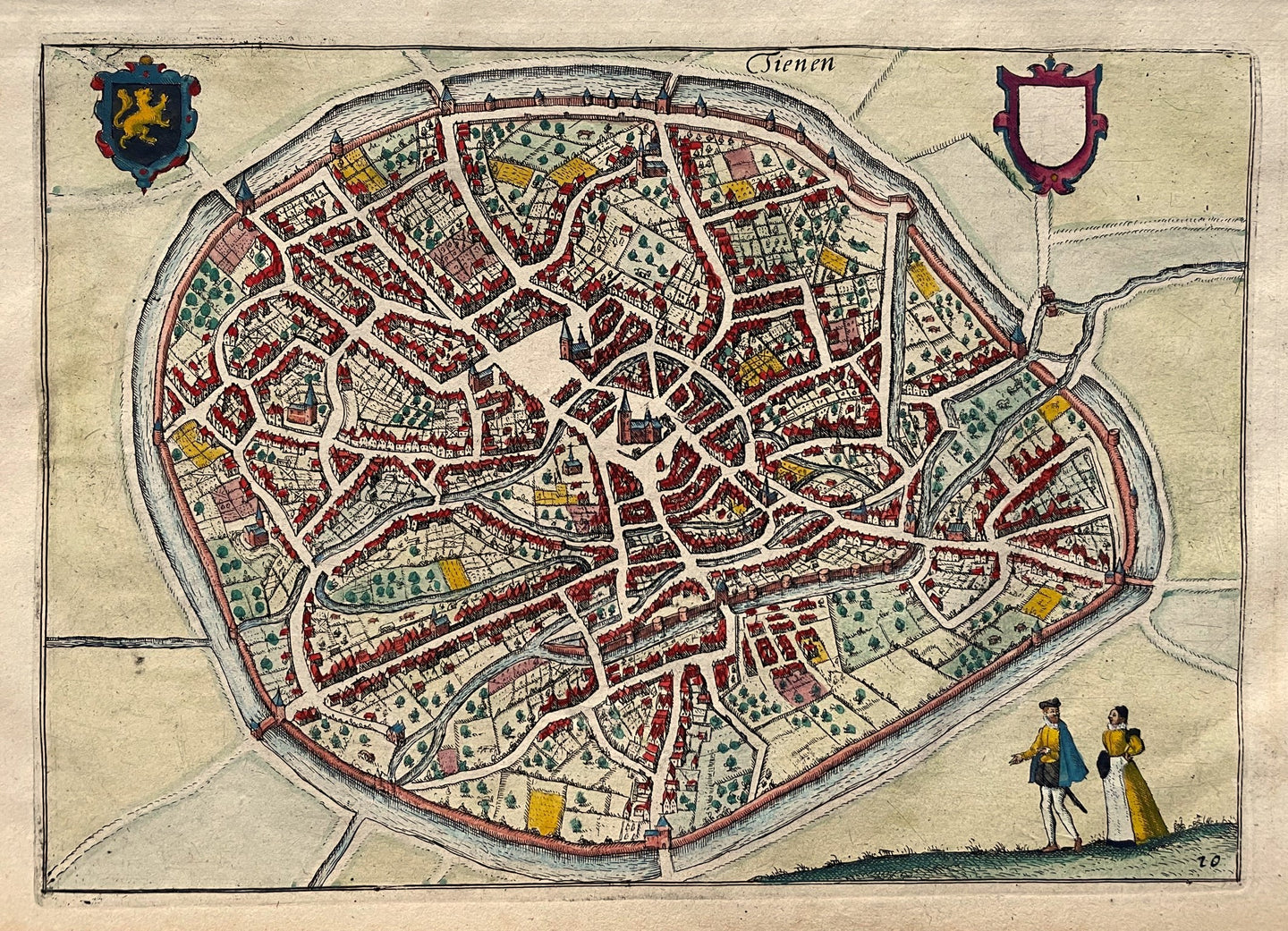 België Tienen Stadsplattegrond in vogelvluchtperspectief - WJ Blaeu / L Guicciardini - 1613