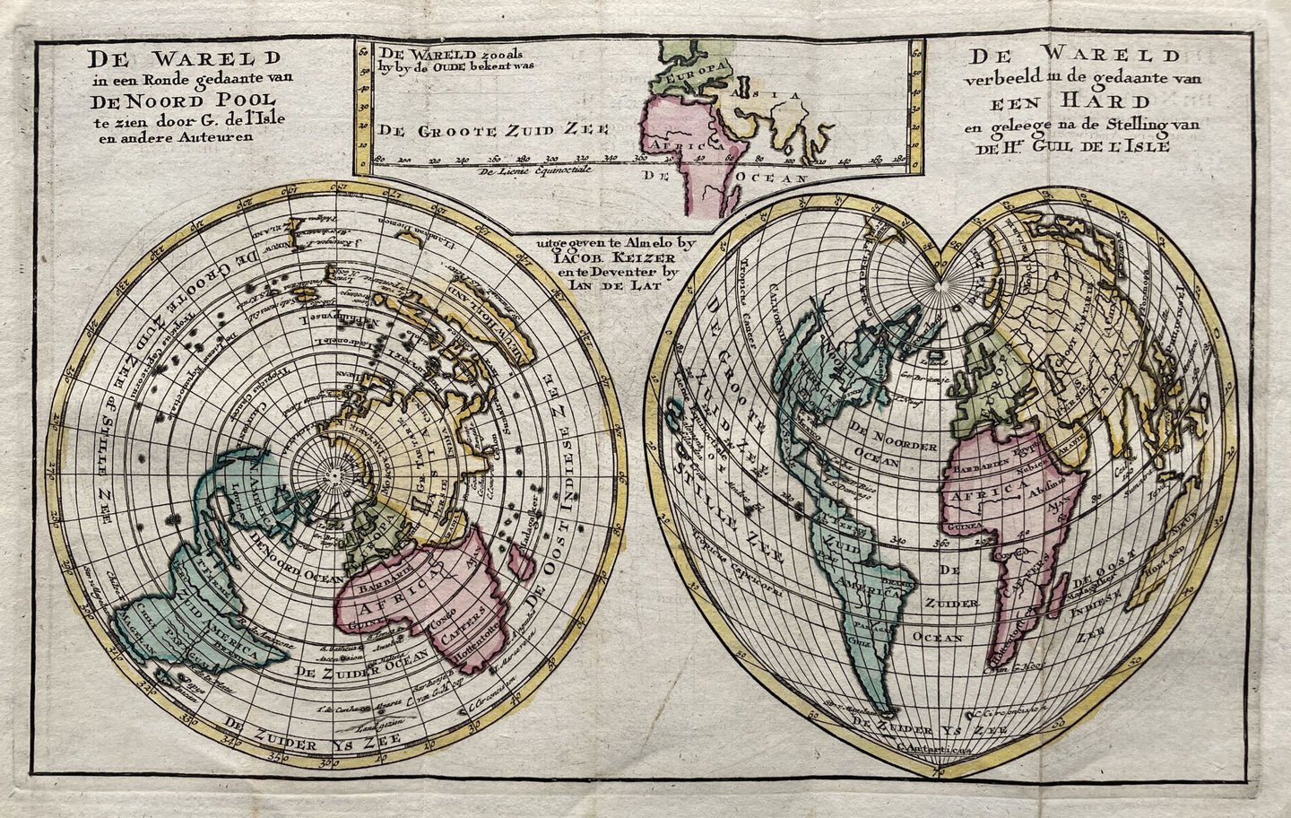 Wereld Hartvormige wereldkaart en Poolprojectie World Heart-Shaped Map - J Keizer / J de Lat - 1747