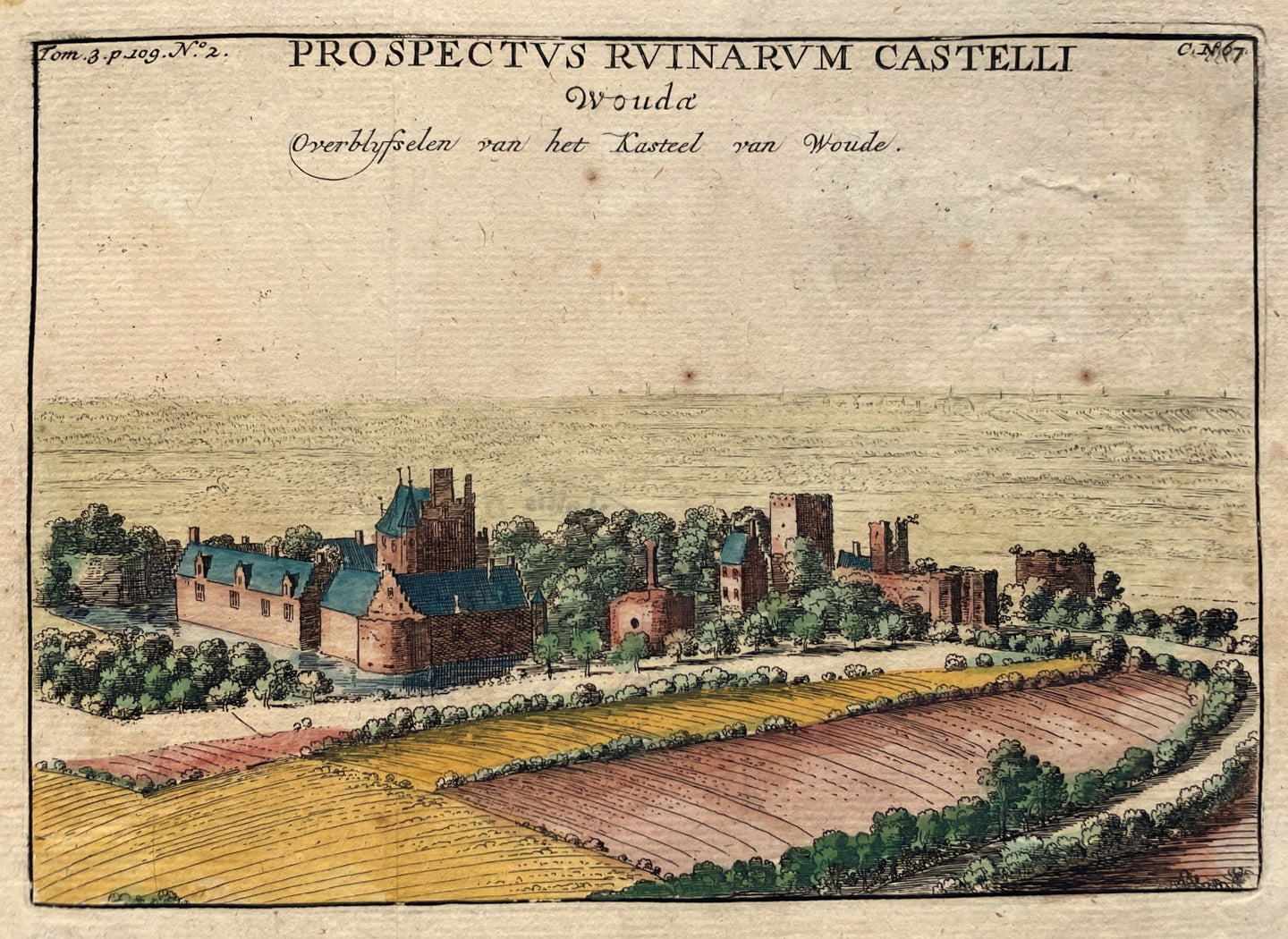 Wouw Kasteel aanzicht in vogelvlucht - J le Roy - 1730