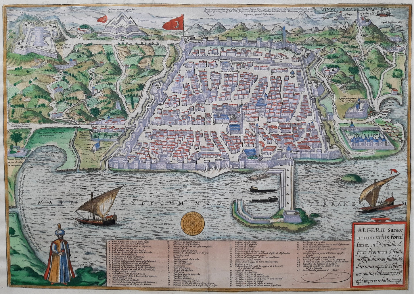 Algerije Algeria Algiers Stadsplattegrond in vogelvluchtperspectief - G Braun & F Hogenberg - ca 1590