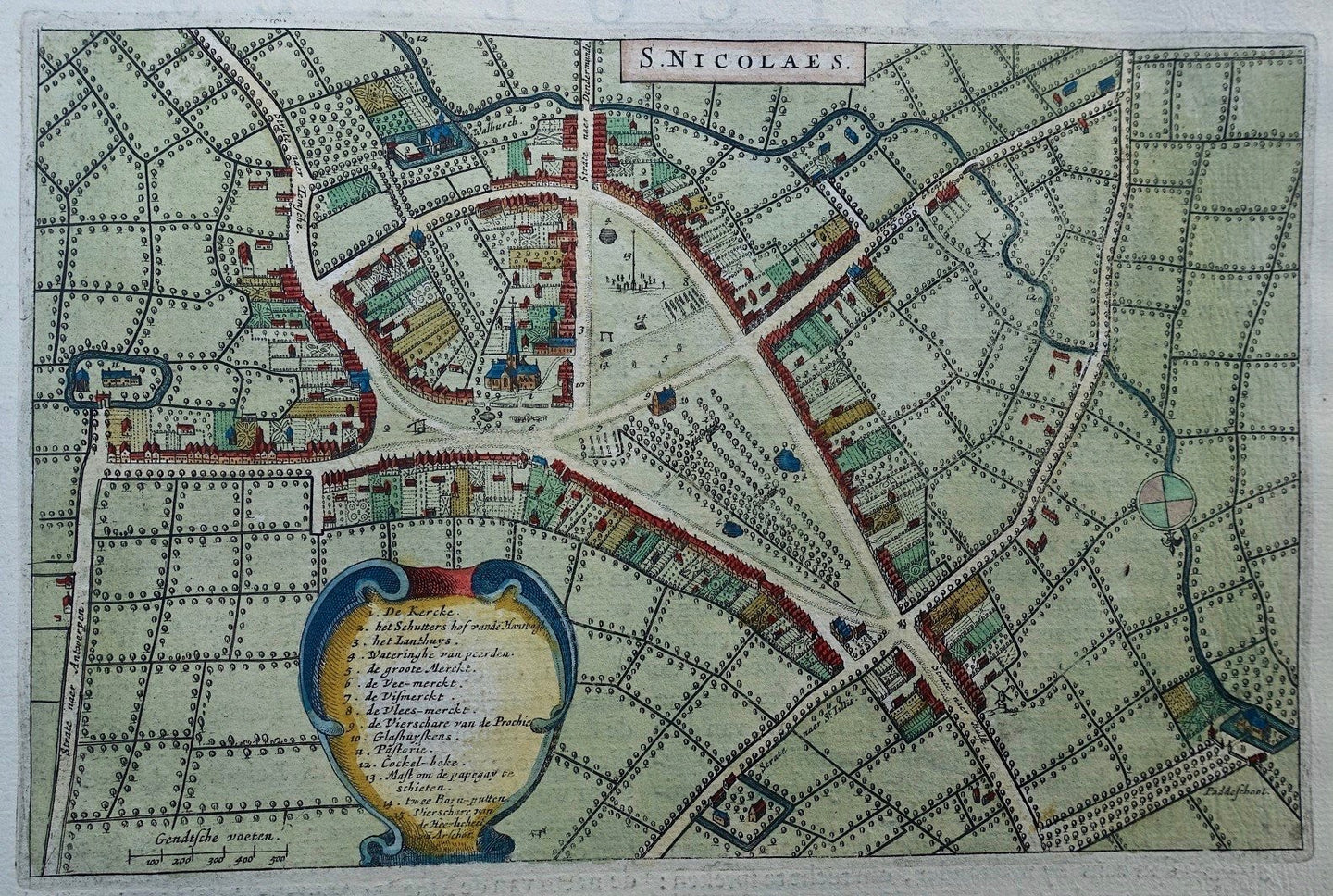 België Sint-Niklaas Stadsplattegrond in vogelvluchtperspectief - J Blaeu - 1649